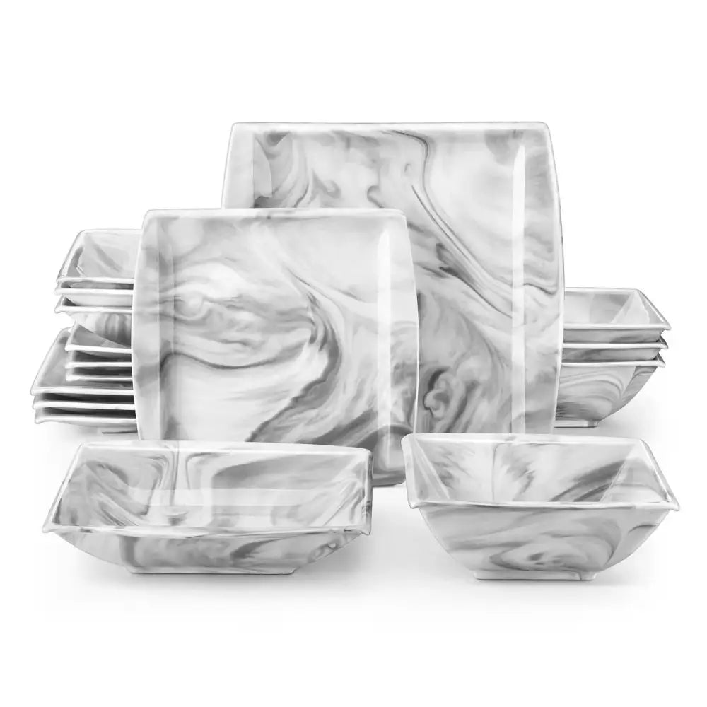 Set med kvadratiska, vita och gråa marbledinner i BIANCA - Servis - 16 delar