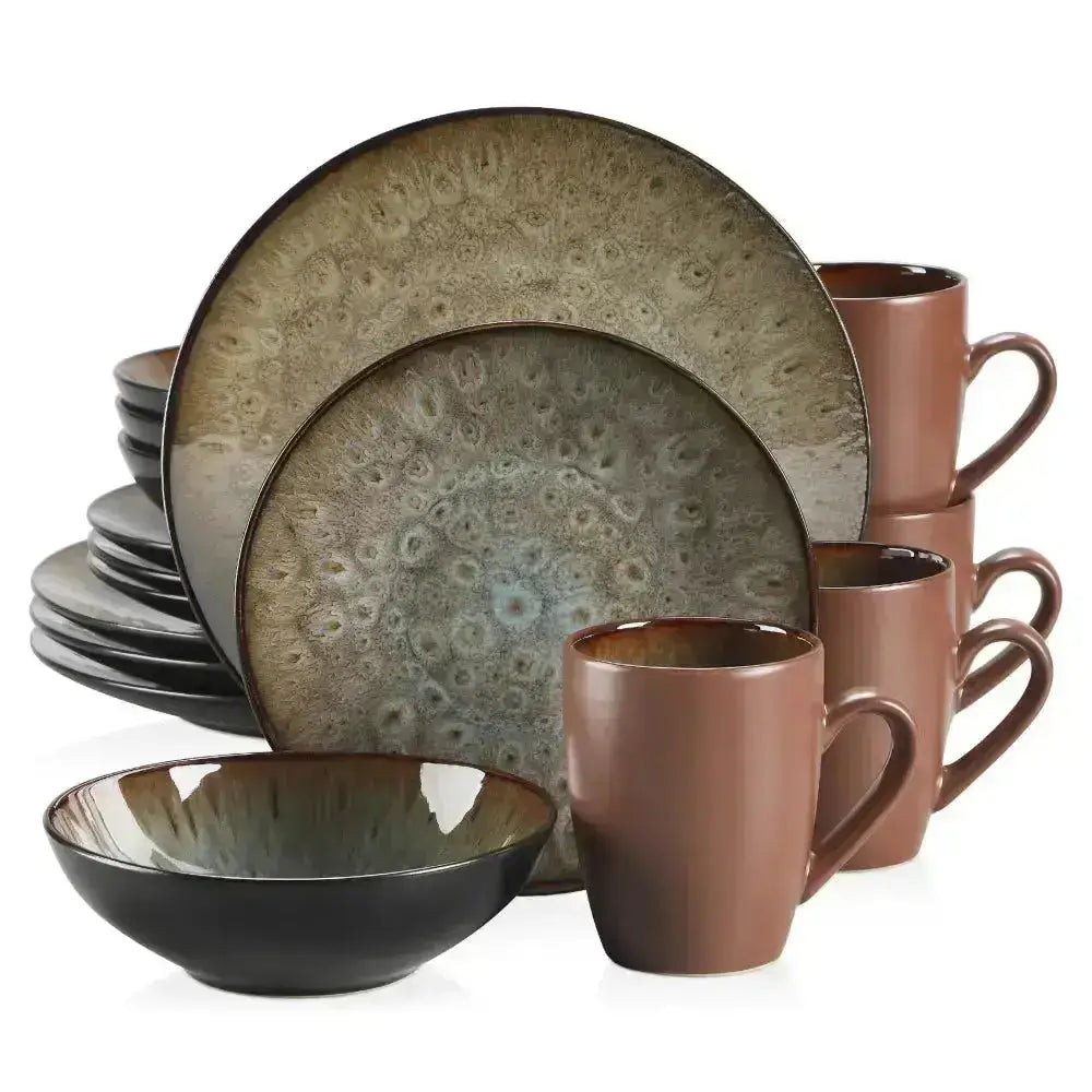 Stoneware middagsservis med reaktiva glasyrer och matta bruna muggar BRAUN - Servis - 16 delar