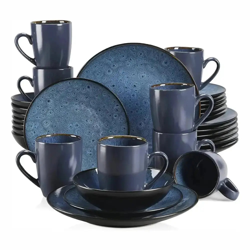 Komplett mörkblå keramikkärlset med organiskt, specklad glasyr för BRAUN - Servis - 16 delar