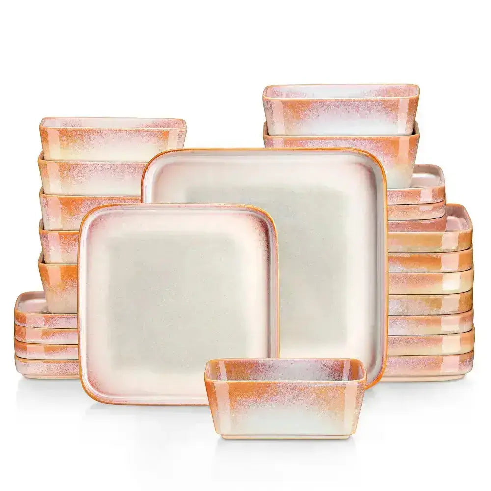 Ceramiska serveringsfat och skålar i orange och vit specklad glasyr för ELAFONISI-24 delar