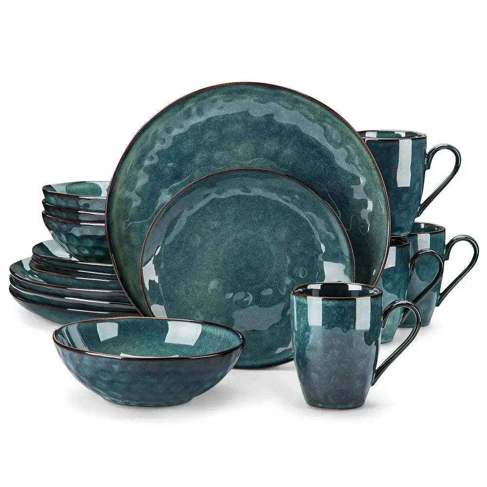 Dark teal stoneware GEM Servis 16 delar med texturerad, reaktiv glasyr och mörka kanter