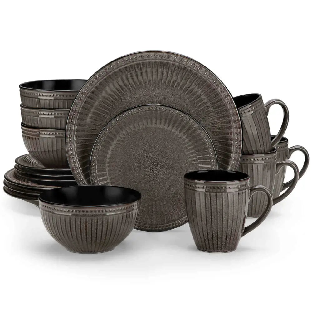 Dark grey stoneware dinnerware set GEORGE med ribbad texturerad design