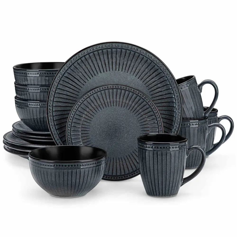 Darkgrå stenware middagsservis GEORGE med flikad och texturerad design