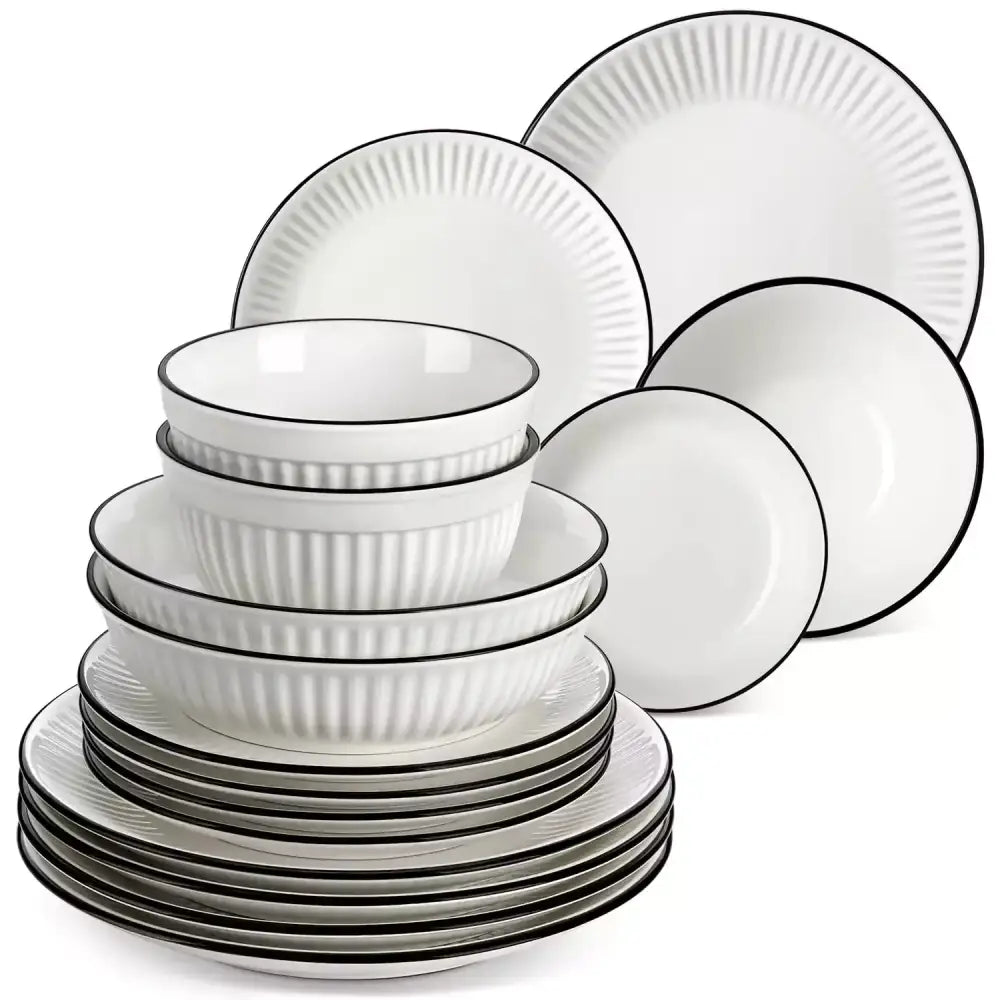 Vit keramikservis med svarta kanter, inkluderar tallrikar och skålar, LEYLA 16 delar