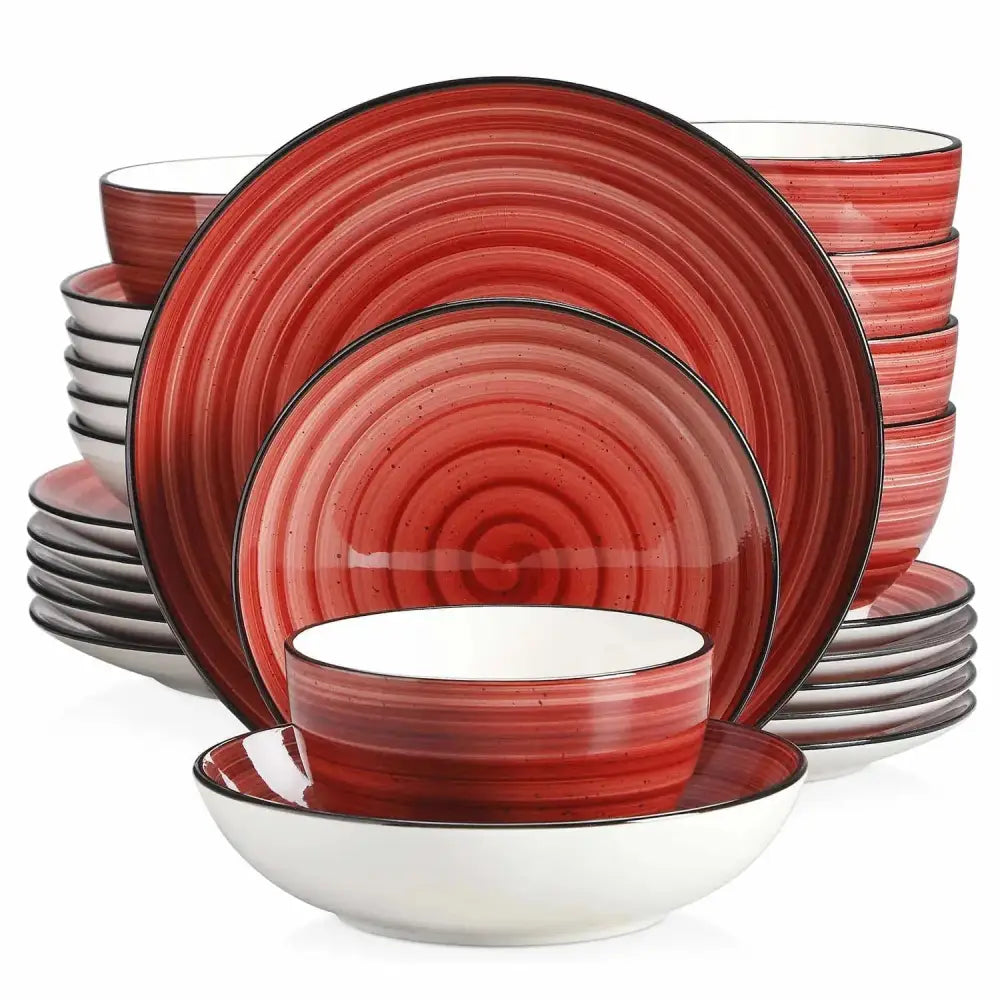 Fullt servis med röd spiraldesign för THEO 24-delar dinnerware set