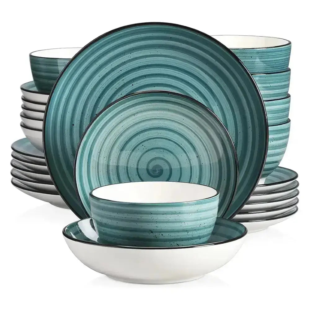 Teal färgat komplett dinnerware set med spiral design och svarta kanter, THEO - Servis